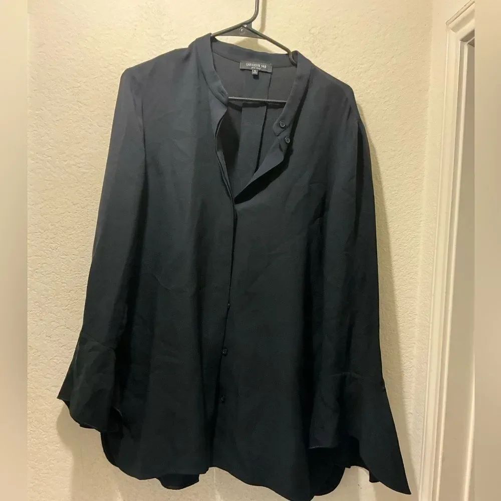 Lafayette 148 Izzie Embellished Silk Blouse with Bell Sleeves - XL